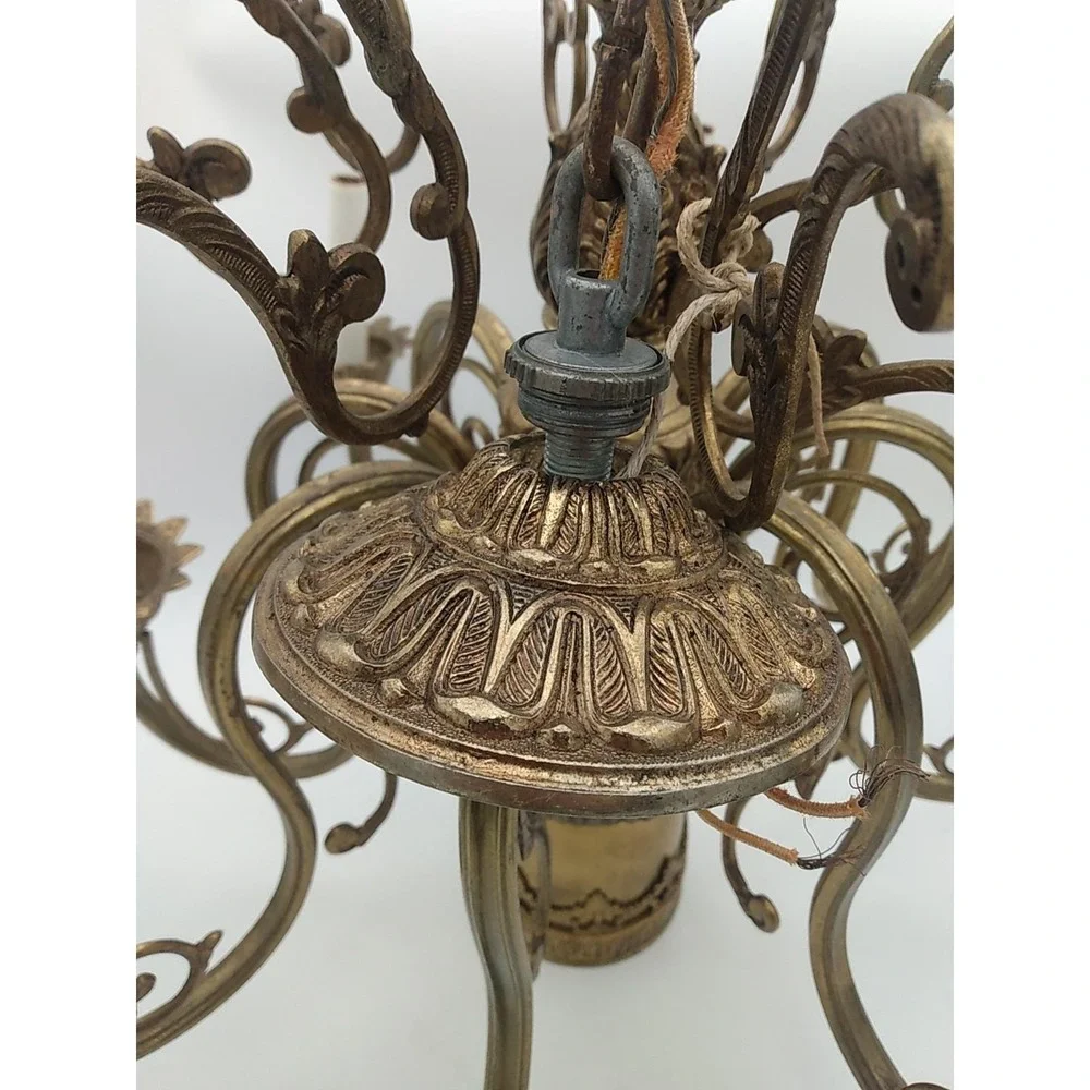 Antique 9 Bulb 8 Arm Gothic Brass Chandelier Light Fixture Hollywood Regency
